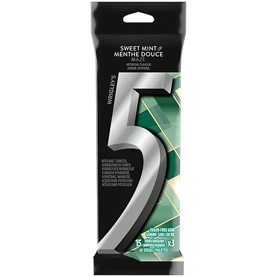 5 GUM, Sweet Mint Flavoured Sugar Free Chewing Gum, 15 Sticks, 3 Packs