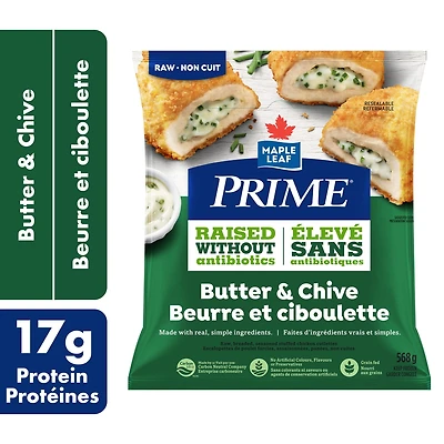 Prime Butter & Chive Raw, Breaded, Seasoned Stuffed Chicken Cutlettes, 568 g