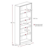 Corliving Quadra Engineered Wood 5-Tier Adult Bookcase with 4 Adjustable Shelves