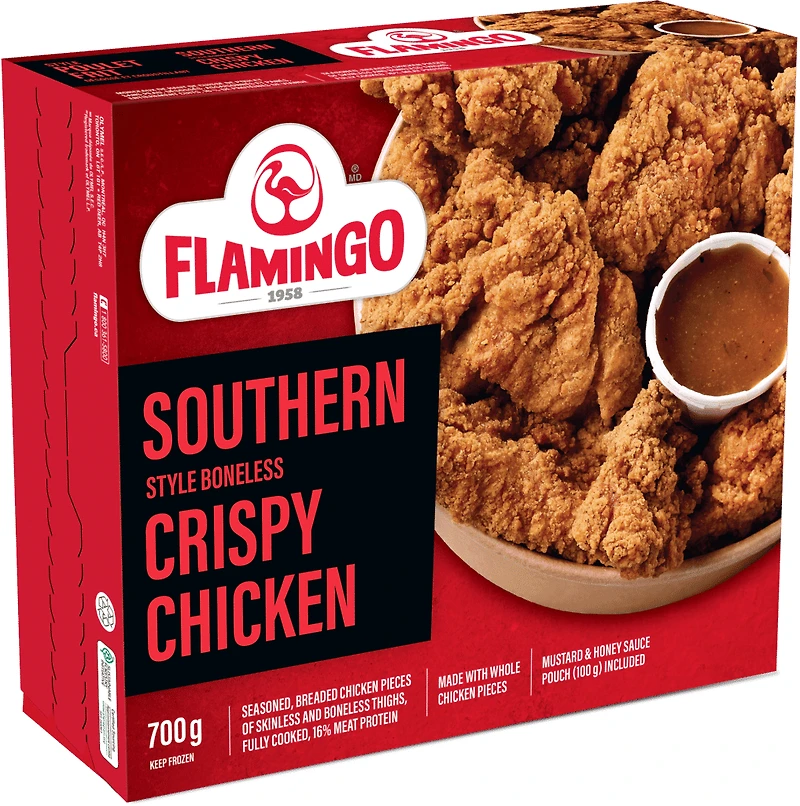 Flamingo Seasoned, Breaded Chicken Pieces of Skinless and Boneless Thighs, Uncooked, Seasoned, Breaded Chicken Pieces of Skinless and Boneless Thighs, Uncooked