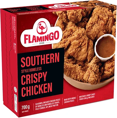 Flamingo Seasoned, Breaded Chicken Pieces of Skinless and Boneless Thighs, Uncooked, Seasoned, Breaded Chicken Pieces of Skinless and Boneless Thighs, Uncooked