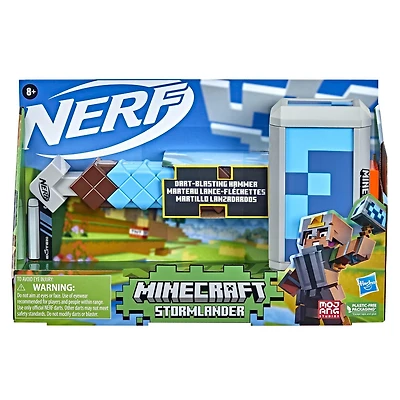 Nerf Minecraft, marteau lance-fléchettes Stormlander, tire 3 fléchettes, inclut 3 fléchettes Nerf Elite officielles