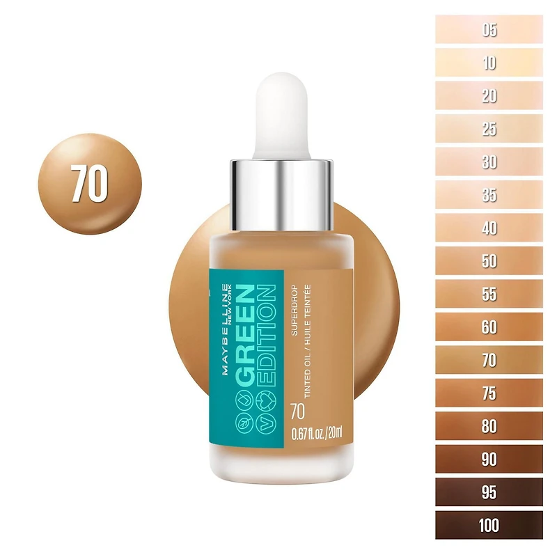Maybelline New York Green Edition - Face Makeup Superdrop Tinted Oil Makeup, Adjustable Coverage, 35, 20 ml
