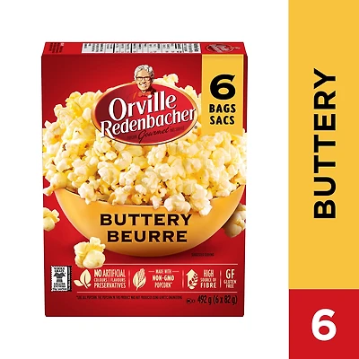 Orville Redenbacher Popcorn - Microwave Buttery (6 bags, 82g), Non-GMO, whole grain microwave popcorn with a high source of fibre and gluten free