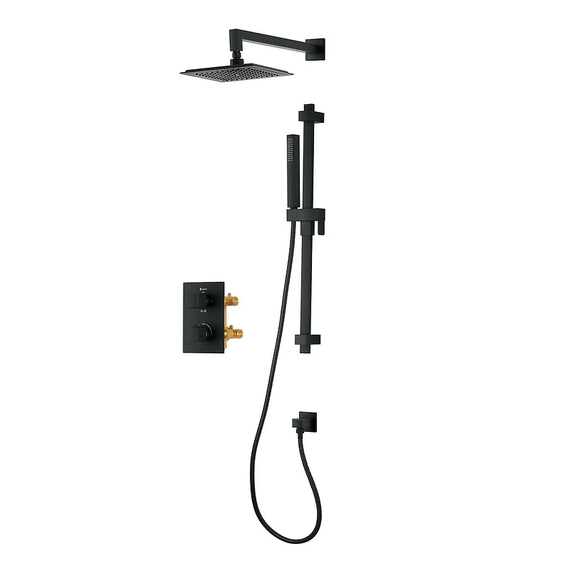 Square 3-functions thermostatic valve. handheld handshower and shower head, or simultaneously, matte black finish