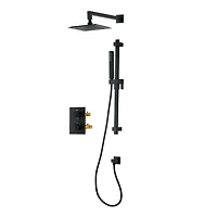 Square 3-functions thermostatic valve. handheld handshower and shower head, or simultaneously, matte black finish