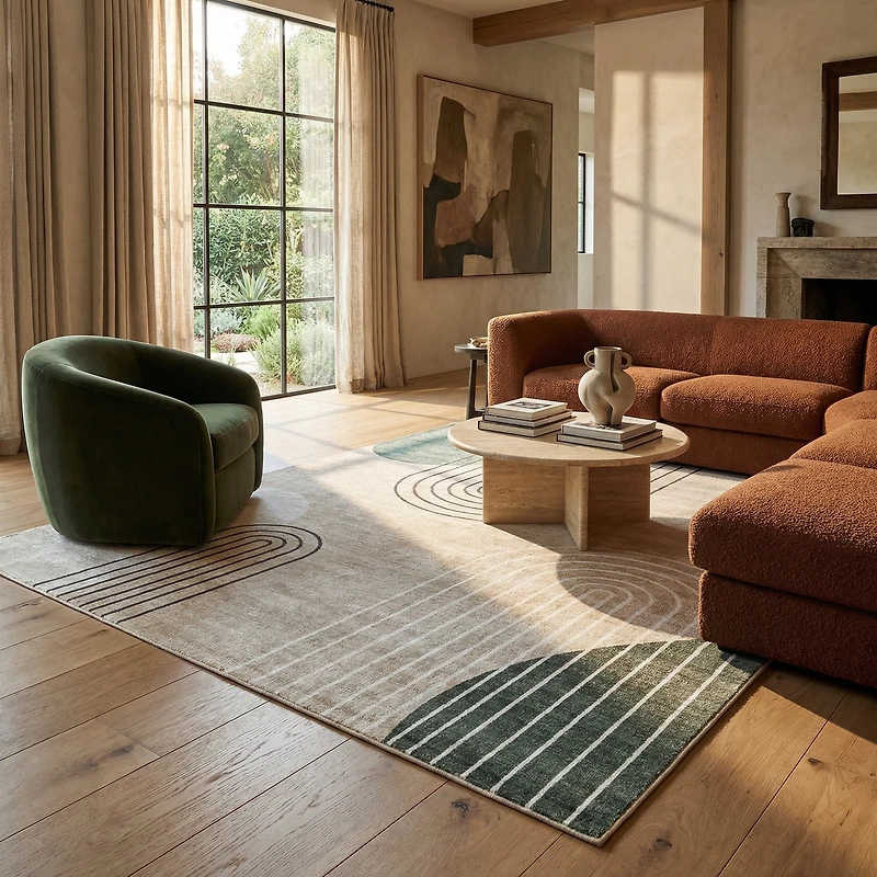 Tapis d'interieur moderne du milieu du siecle Rug Branch Eclipse, beige vert, abstrait - Salon, chambre, salle a manger et bureau