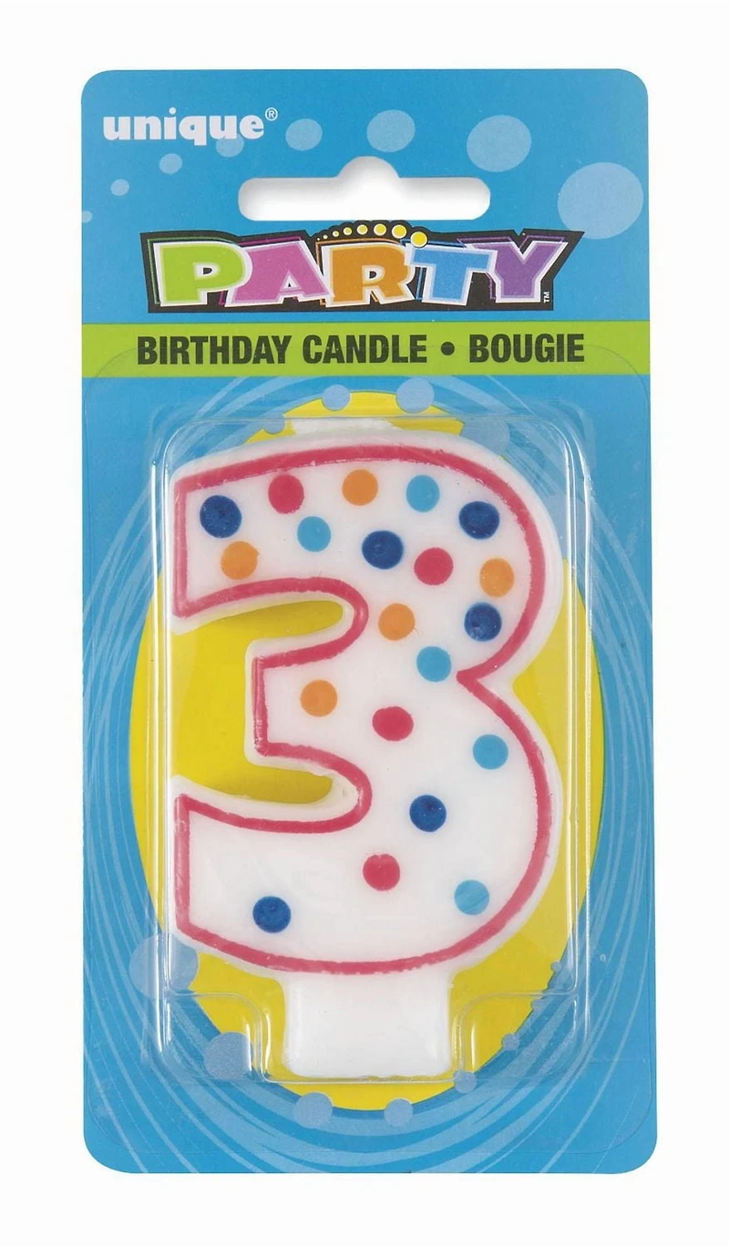 Bougie d'anniversaire numéro "3" à pois Chaque bougie mesure 2" x 3" (largeur x hauteur)