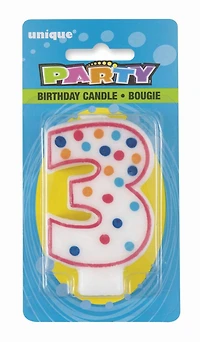 Bougie d'anniversaire numéro "3" à pois Chaque bougie mesure 2" x 3" (largeur x hauteur)