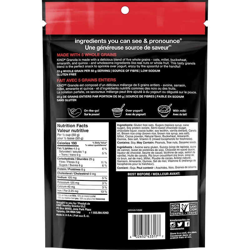 KIND Granola Avoine et chocolat noir, sac de 312 g KIND Granola chocolat noir