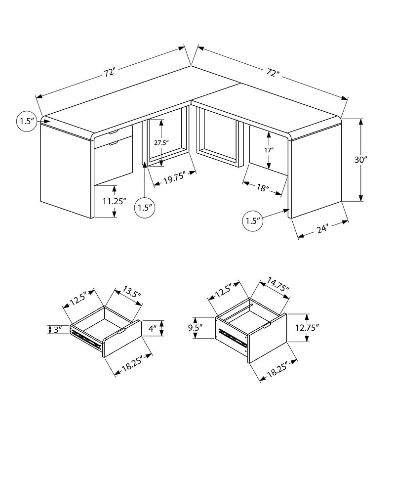 Monarch Specialties Bureau, Bureau À Domicile, Coin, Configuration Gauche, Droite, Tiroirs De Rangement, 72"l, Forme De L, Travail, Ordinateur Portable, Stratifié, Métal, Blanc Lustré, Contemporain, M