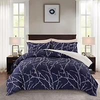 Literie Marina Décoration ultra douce et luxueuse en duvet d'oie, alternative au duvet d'oie, richement imprimée, avec draps et motif de branches bleu marine moderne