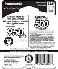 Panasonic Eneloop Pro AAA High Capacity Ni-MH Pre-Charged Rechargeable Batteries, (Pack of 4)