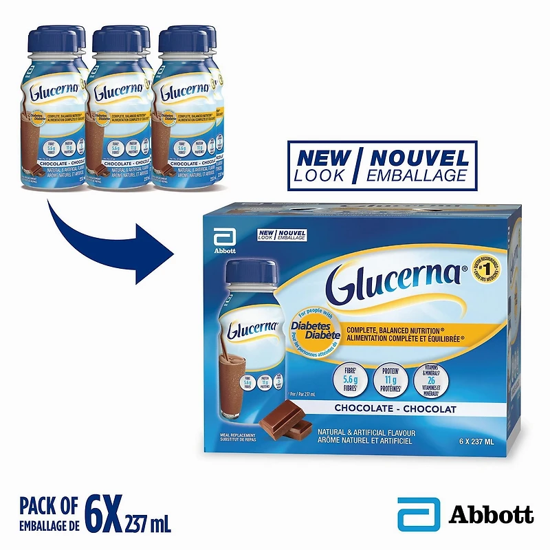 Glucerna Nutritional Drink, Meal Replacement Shakes, Complete, Balanced Nutrition For People With Diabetes, Chocolate, 6 x 237-mL Bottles, Complete, Balanced Nutrition