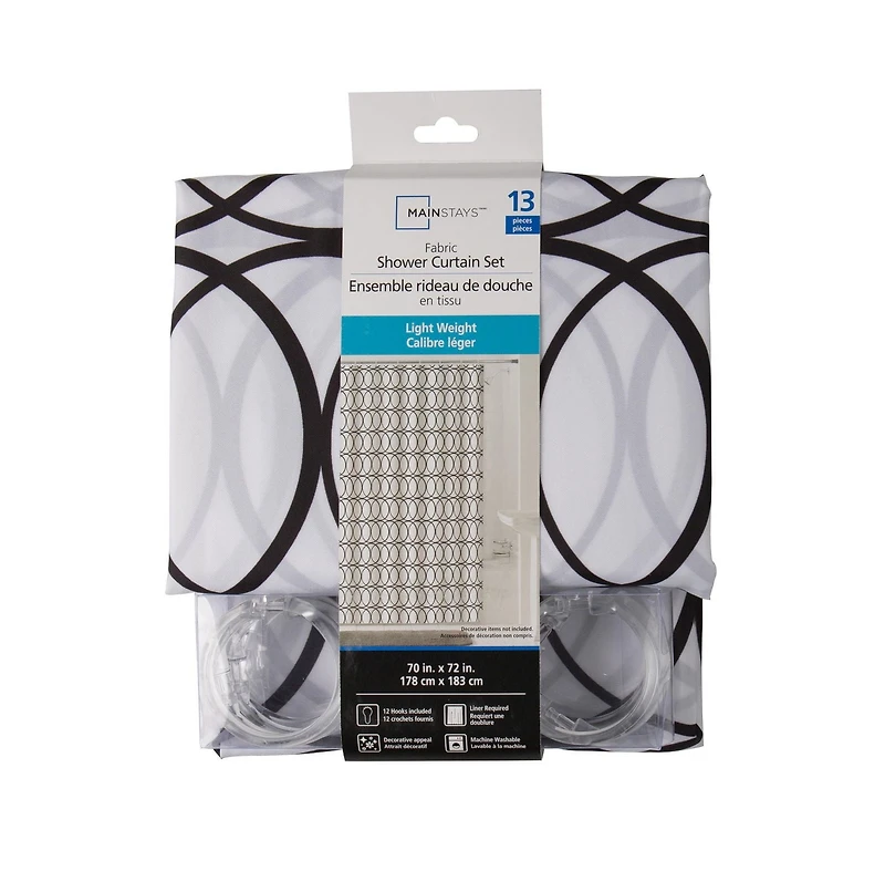 Mainstays Decorative Shower Curtain with 12 Hooks: 13 Piece Shower Set