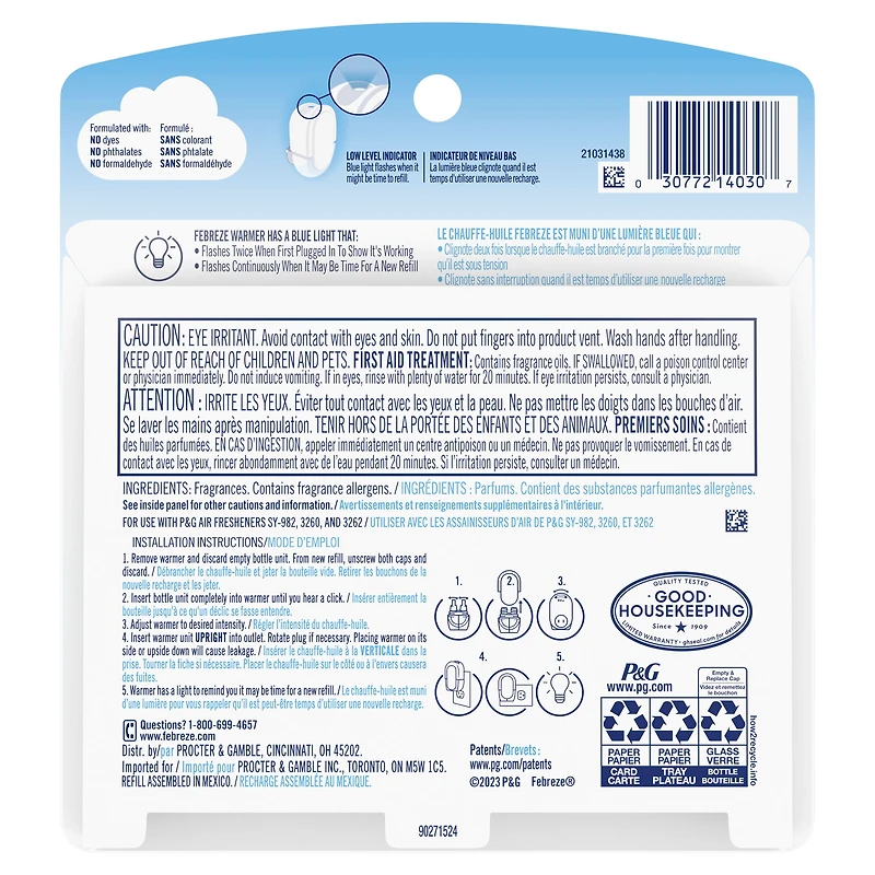 Febreze Désodorisant à Brancher, Recharge d'Huile Parfumée Anti-Odeurs, Fleur de Cerisier 2 Recharges