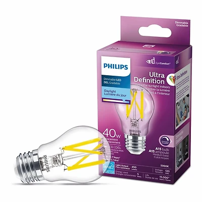 Philips UltraDefinition LED A15 E26 40W Equivalent Energy Saving Light Bulb, Dimmable Daylight (5000K)