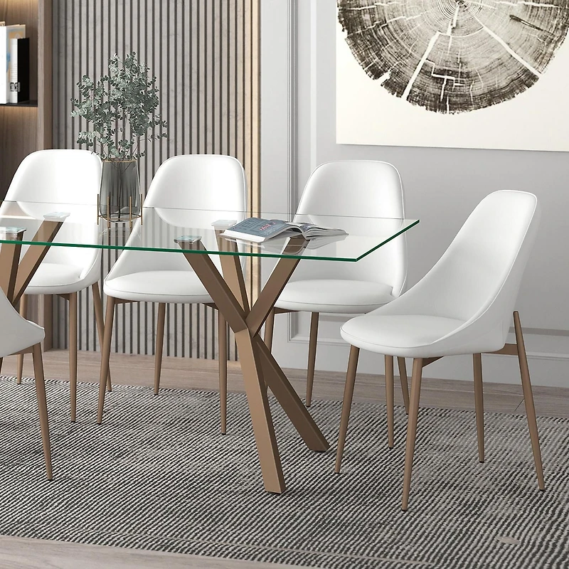 Chaise, Jeu de 2, Moderne en Similicuir et Métal - Blanc et Or Vieilli