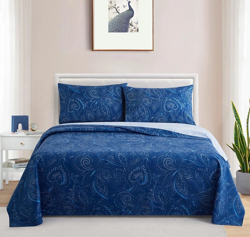 Marina Decoration Printed 600 Thread Count Soft Deep Pocket Hotel Standard Long Staple Cotton Blend Percale All Season Bedding Sheet Set, Navy Blue Paisley Pattern