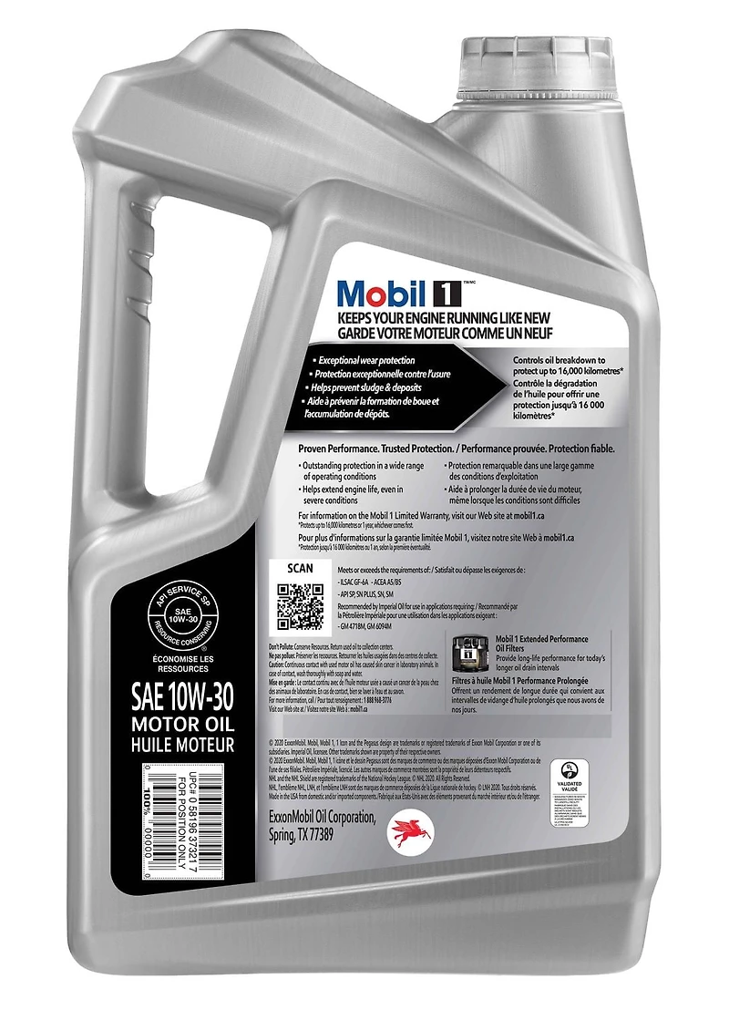 Huile moteur entièrement synthétique Mobil 1™ 0W-30, Pack de trois 4,73 L