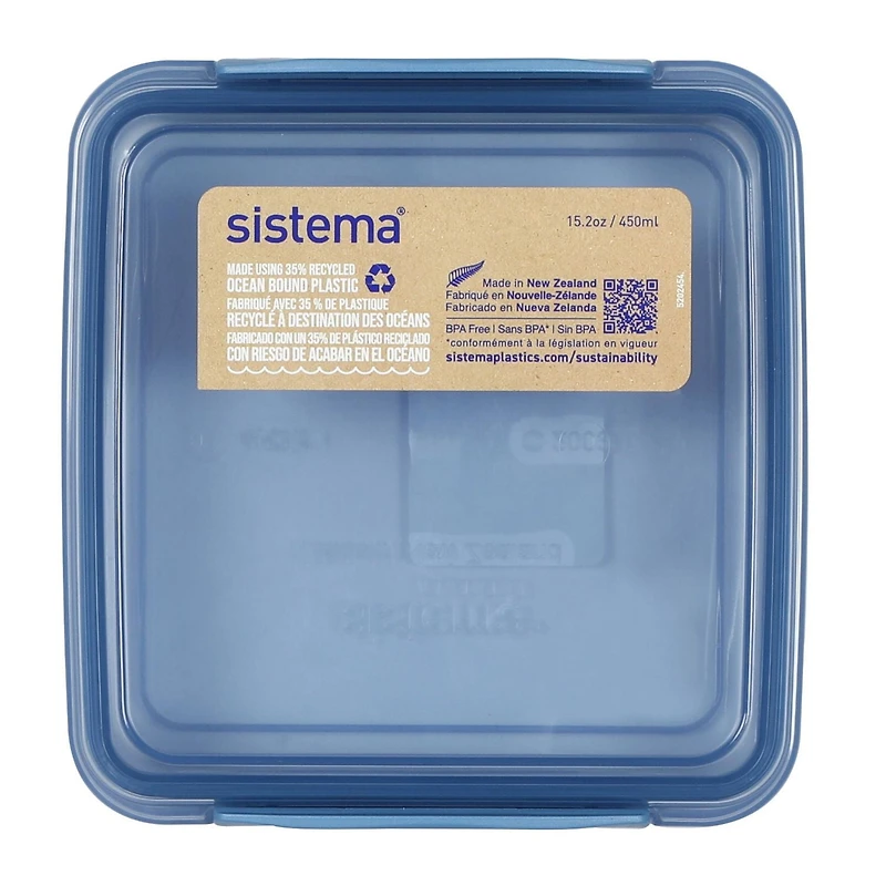 Boîte à sandwich Sistema, contient du plastique recyclé provenant de l'océan, récipient de conservation des aliments et boite a repas, 450 ml, sans BPA, bleu sarcelle ou bleu