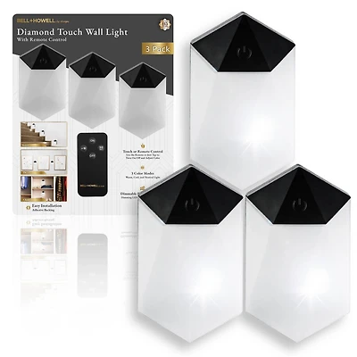 Bell + Howell Diamond Touch Black 3 Pack Remote Controlled Dimmable LED Wall Lights with Color Modes