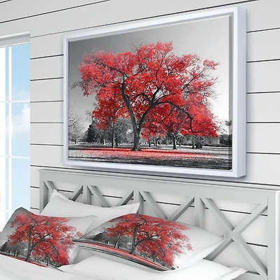Designart Big Red Tree on Foggy Day FLOAT FRAME WALL ART
