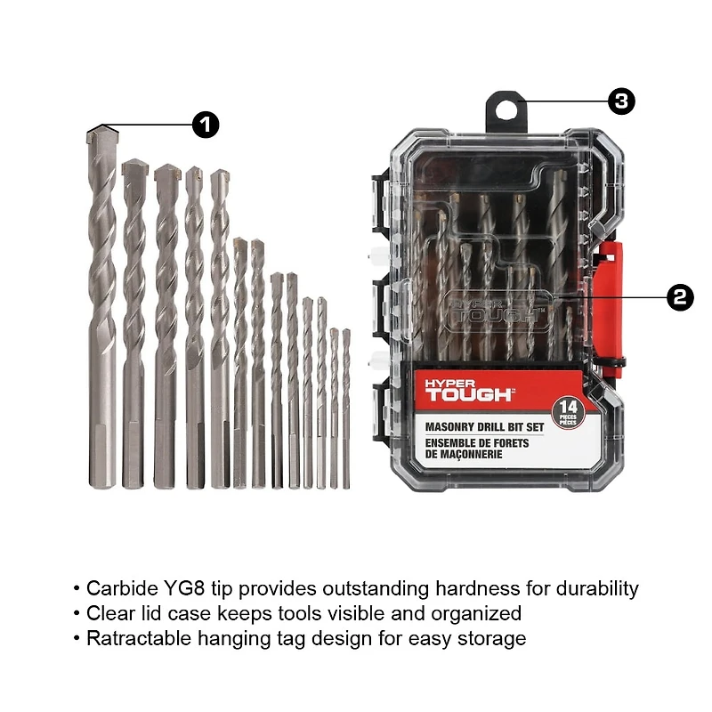 Hyper Tough 14-Piece Masonry Drill Bit Set, Carbide YG8 Tip,Clear Lid Case