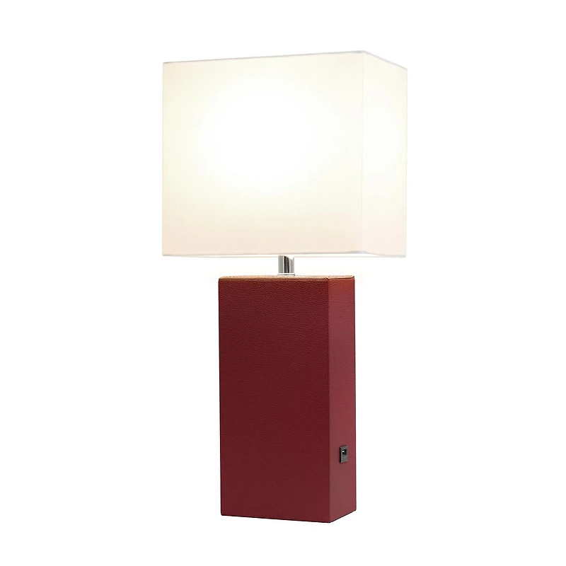 Lampe de table design moderne en cuir élégant avec abat-jour USB et tissu blanc