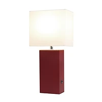 Lampe de table design moderne en cuir élégant avec abat-jour USB et tissu blanc