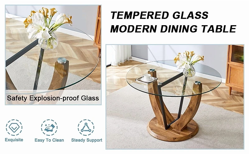 Table de salle à manger ronde Noble House 122 cm, plateau en verre trempé 1 cm d'épaisseur, transparent et bois