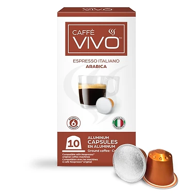 Caffè VIVO Espresso Italiano Arabica (Paquet de 10 Capsules Compatibles Nepresso) Intensité: 6 | Compatible Nespresso