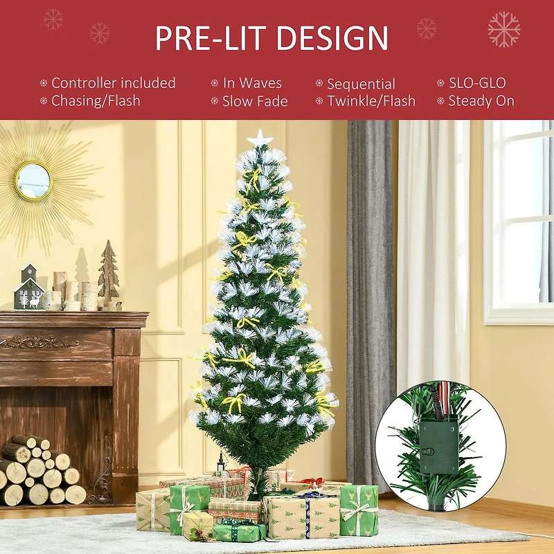 HOMCOM Arbre de Noël artificiel sapin de Noël artificiel 210 lumières LED 8 motifs lumineux 26 nœuds papillon jaunes et lumière en étoile 210 branches en PVC Ø 30.75" x 70.75" vert