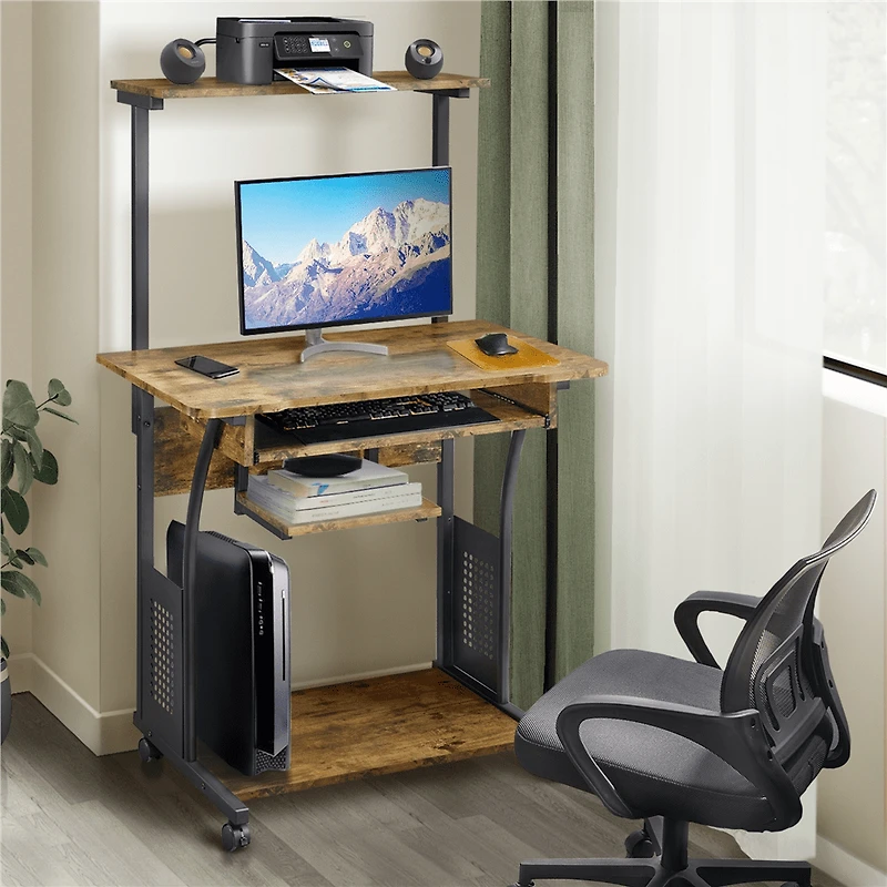 Fullfurnique Rolling 3-Tier Computer Desk with Detachable Top Shelf, Rustic Brown