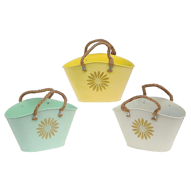 IH Casa Decor Embossed Daisy Metal Oval Planter With Rope Handle Asstd - Set of 3