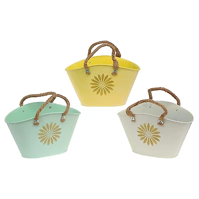 IH Casa Decor Embossed Daisy Metal Oval Planter With Rope Handle Asstd - Set of 3