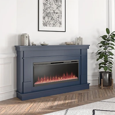 Novogratz Waverly Wide Mantel with Linear Electric Fireplace & Crystal Ember Bed, White Marble