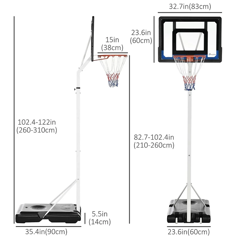 Panier de basket-ball 2.1-2.6m et support avec base lestée, portable sur roues