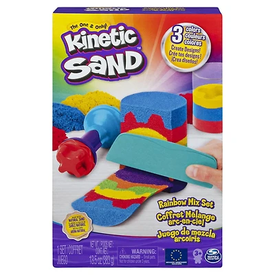 Kinetic Sand, Coffret Mélange arc-en-ciel avec 3 couleurs de sable Kinetic Sand (382 g) et 6 outils, pour les enfants à partir de 3 ans Kinetic Sand, Coffret Mélange