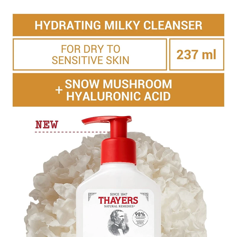 THAYERS Hydrating Milky Cleanser with Hyaluronic Acid and Snow Mushroom, Natural Facial Cleanser, For All Skin Types, 237mL, THAYERS Hydrating Milky Cleanser