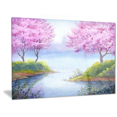Art mural paysage en métal Design Art Arbres en fleurs sur le lac