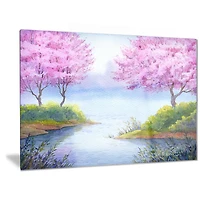 Art mural paysage en métal Design Art Arbres en fleurs sur le lac