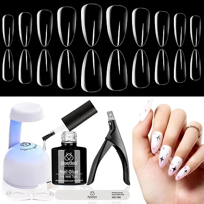 Beetles Gel Nail Kit Almond Nail Tips Easy Nail Extension Set 5 In 1 Nail Glue Gel with 240Pcs Pre shaped Medium Almond Nail Tips & UV Nail Lamp Acrylic Nail Clipper DIY Art Gifts for Her
