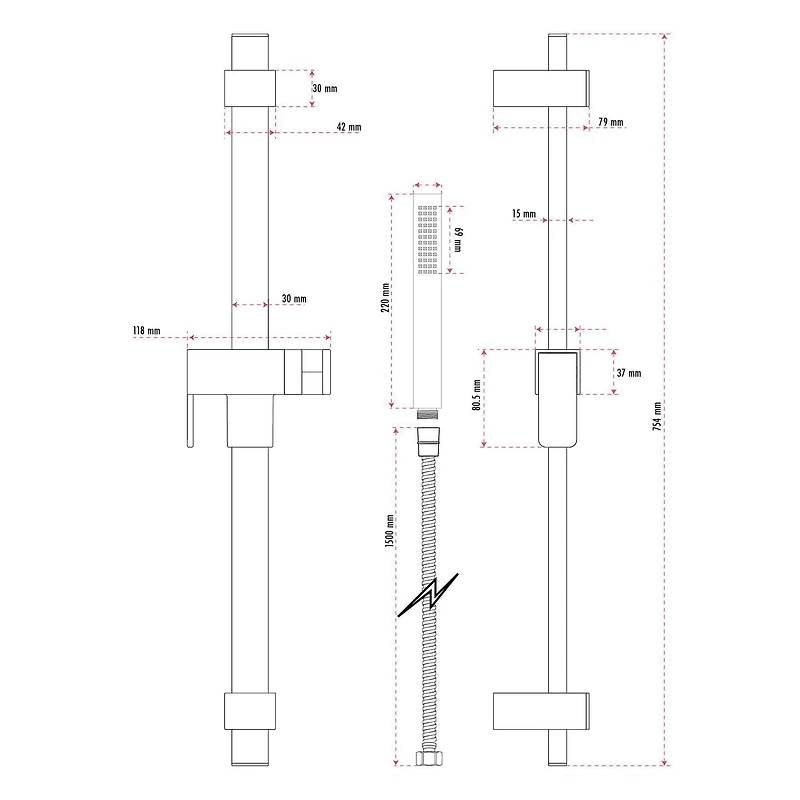 Douchette à 1 réglage d'akuaplus® avec système de barre murale ajustable 29 3/4 po (75.5 cm).  Fini chrome