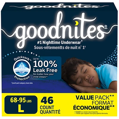 Sous-vêtements de nuit Goodnites pour garçons, L [68 à 95lb]), 46  sous-vêtements
