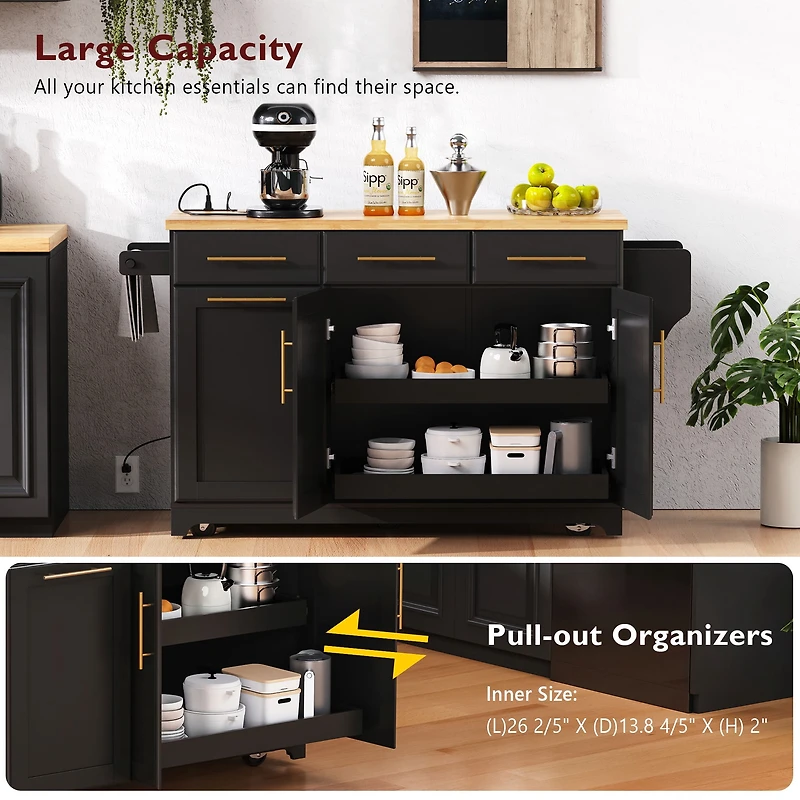 Chariot de cuisine Homy Casa avec tiroirs, plan de travail pliable et station de charge - Noir
