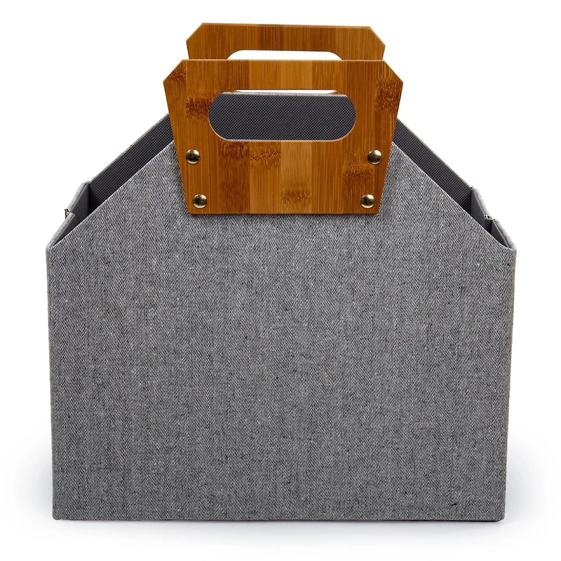 Truu Design Modern and Sleek Collapsible Paper Grey Storage Basket with Bamboo Handles