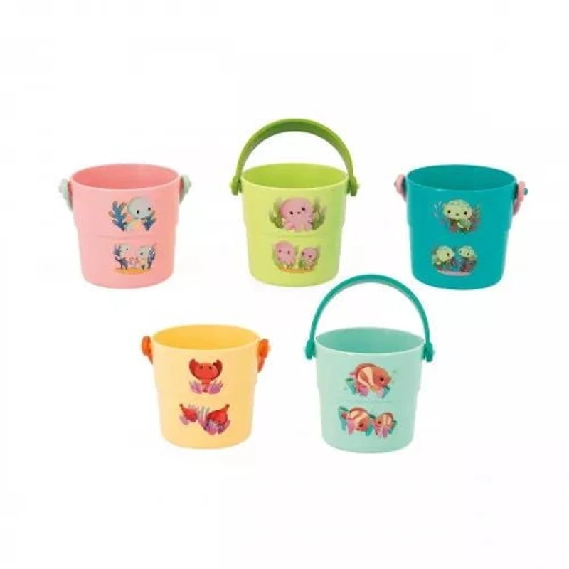 Janod - Animaux 5 seaux de jeu pour le bain - Jeu éducatif de jouet de bain pour bébé avec des seaux avec des animaux marins pour bébé - À partir de 10 mois.