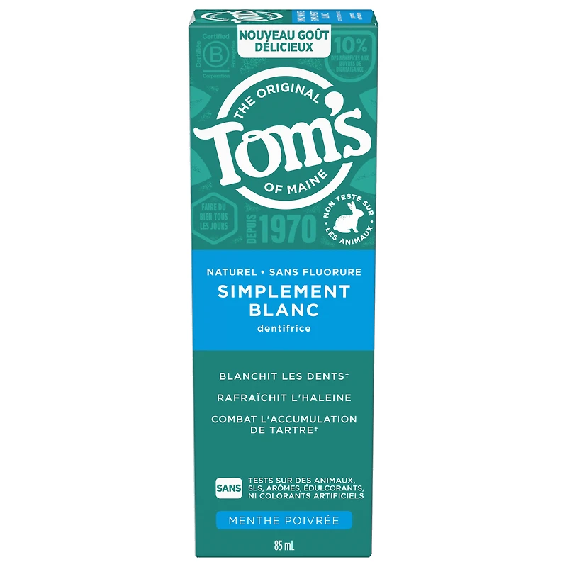 Tom’s of Maine Simply White Dentifrice sans Fluorure, Menthe Poivrée, 85 ml