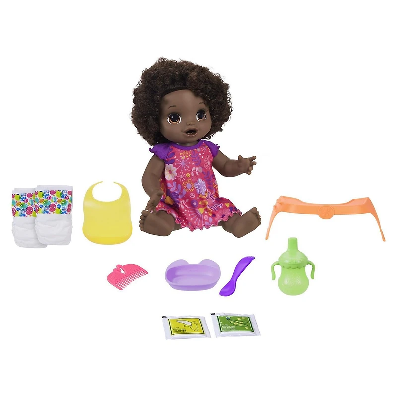 Baby Alive, poupée Bébé adore manger, aux cheveux noirs et frisés, plus de 50 sons et phrases, mange et fait caca, boit et fait pipi, pour enfant, à partir de 3 ans